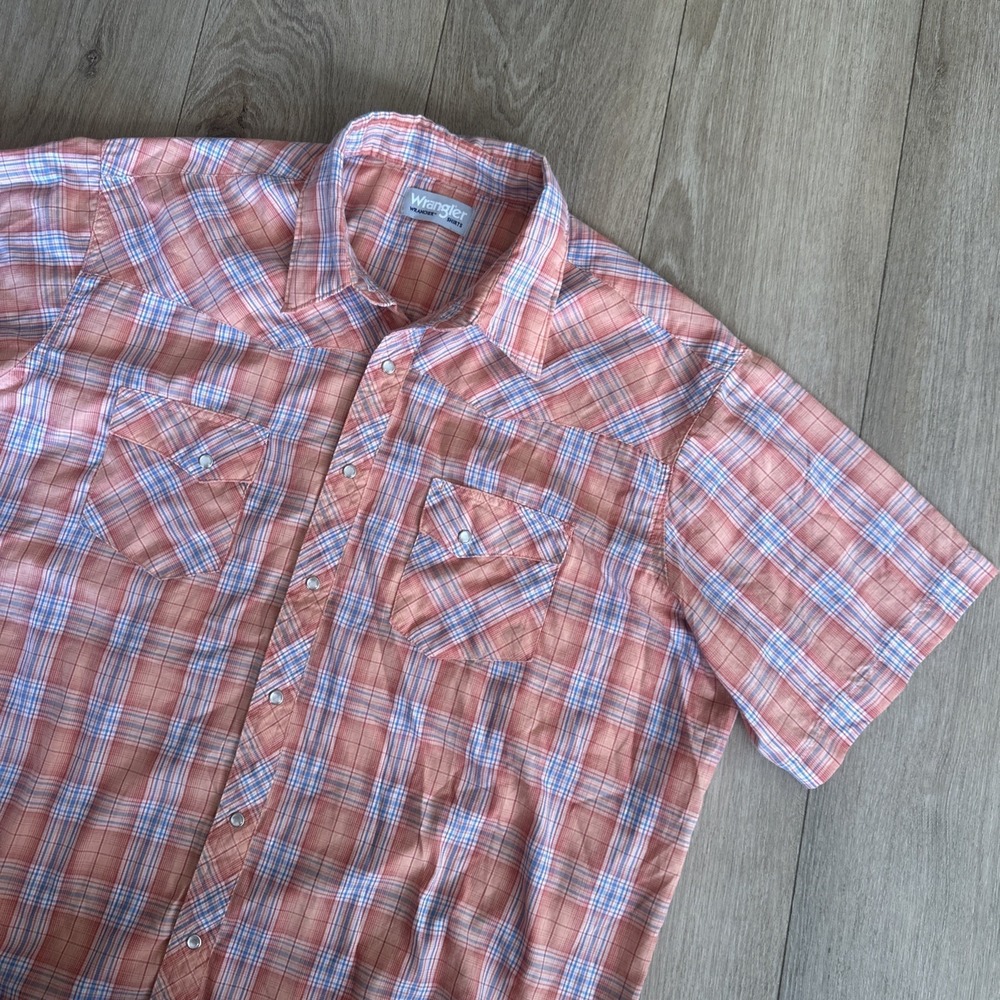 Wrangler Wrancher Shirts Pearl Snap Plaid Orange S/S Men XXL Lightweight